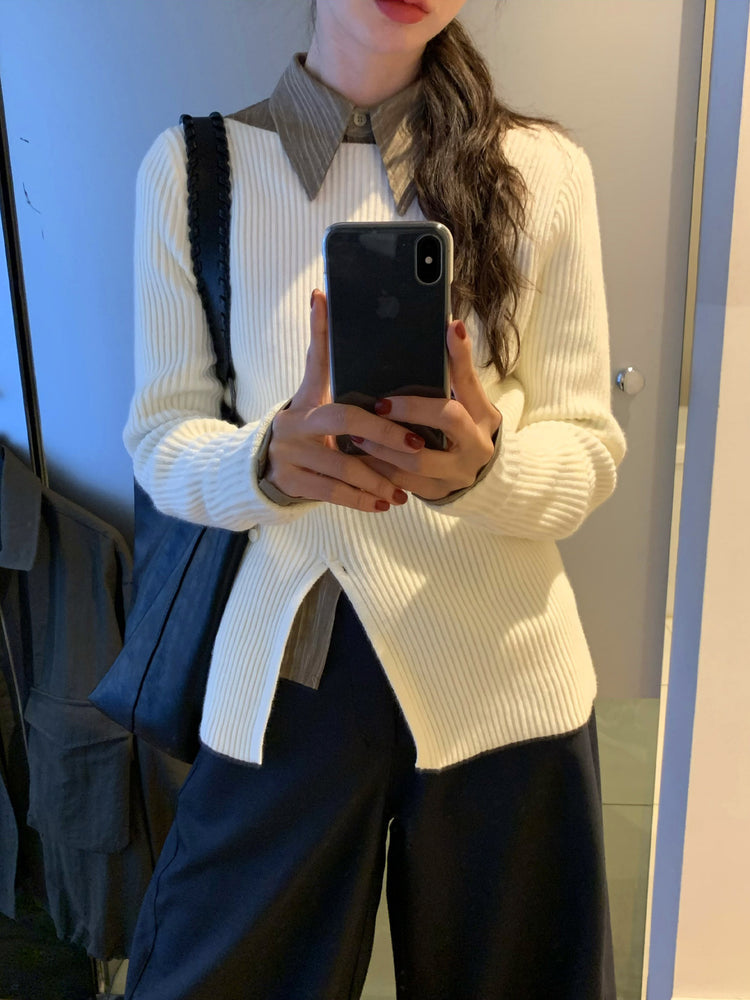 坑紋側開叉扣鈕細節針織上衣