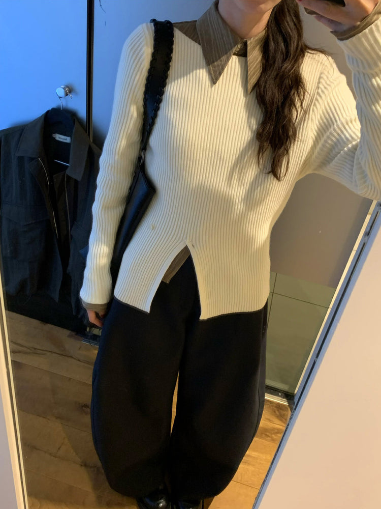 坑紋側開叉扣鈕細節針織上衣