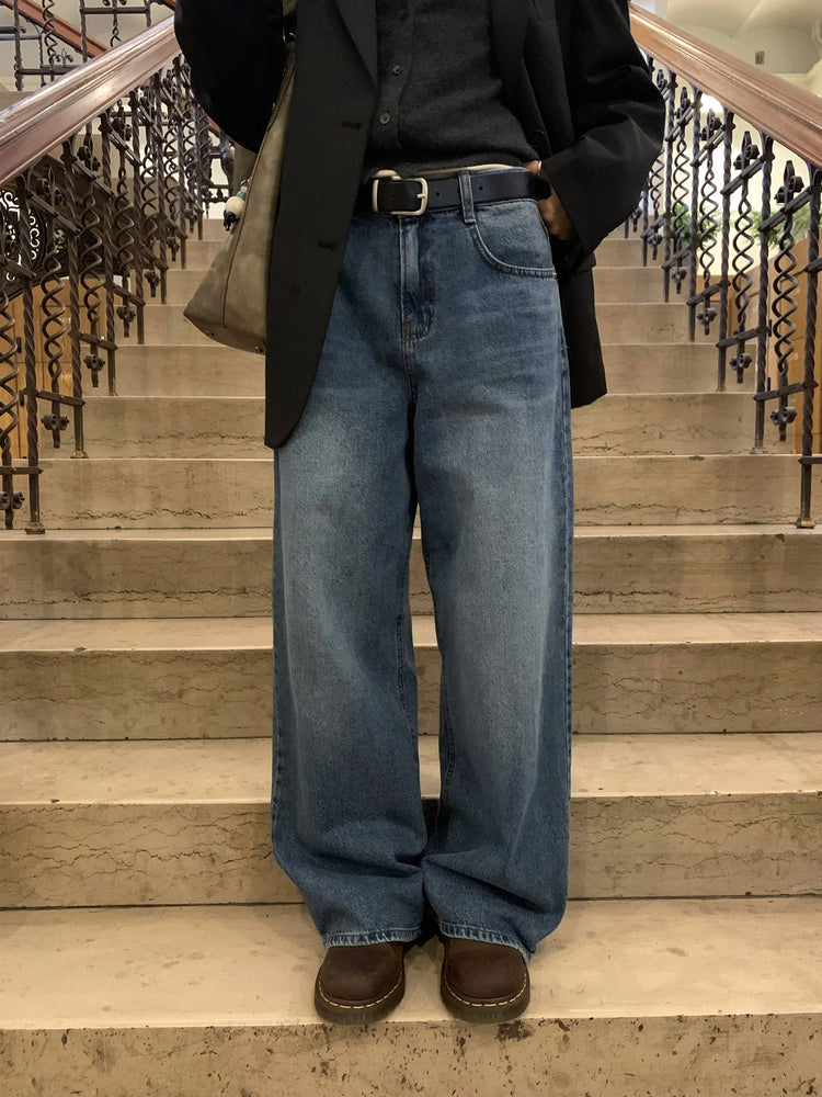 復古美刷色微鬆直筒牛仔褲