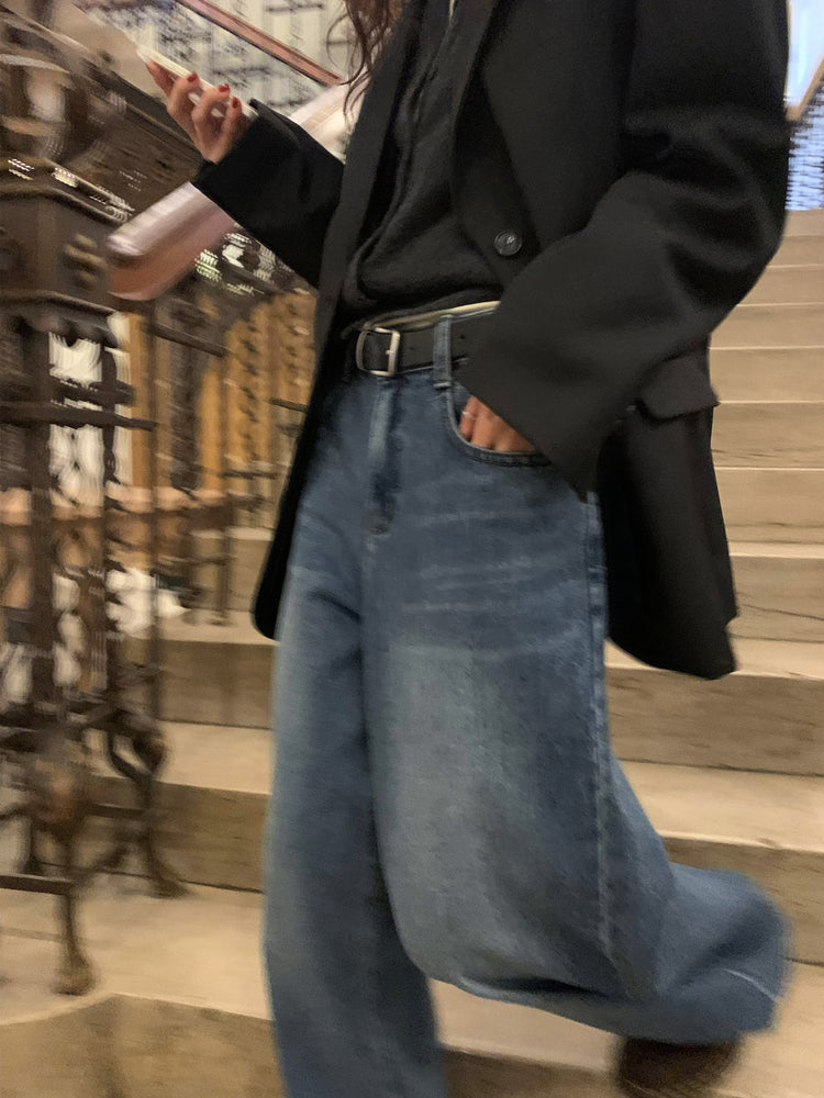 復古美刷色微鬆直筒牛仔褲