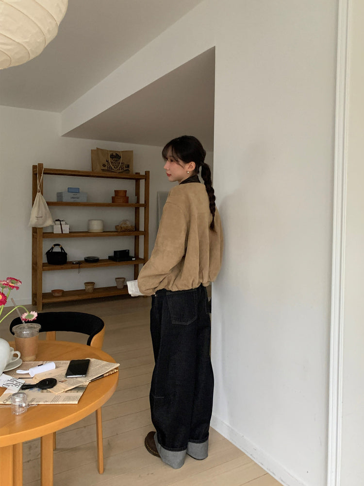 撞色皮領麂皮外套