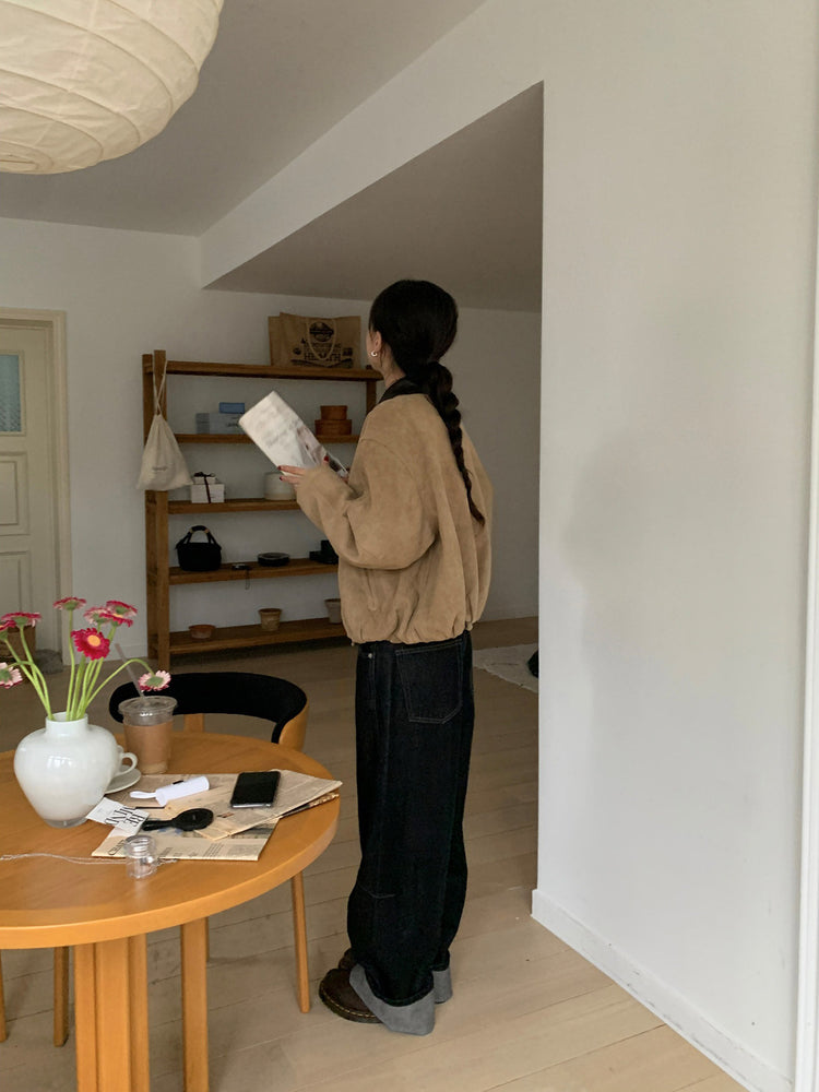 撞色皮領麂皮外套