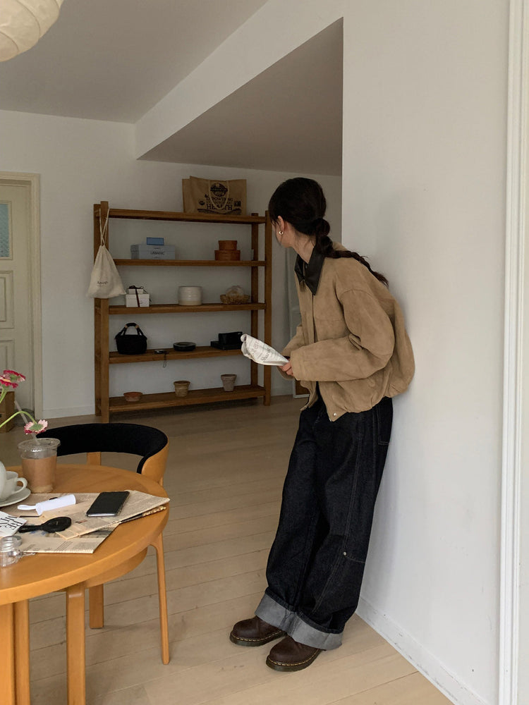 撞色皮領麂皮外套