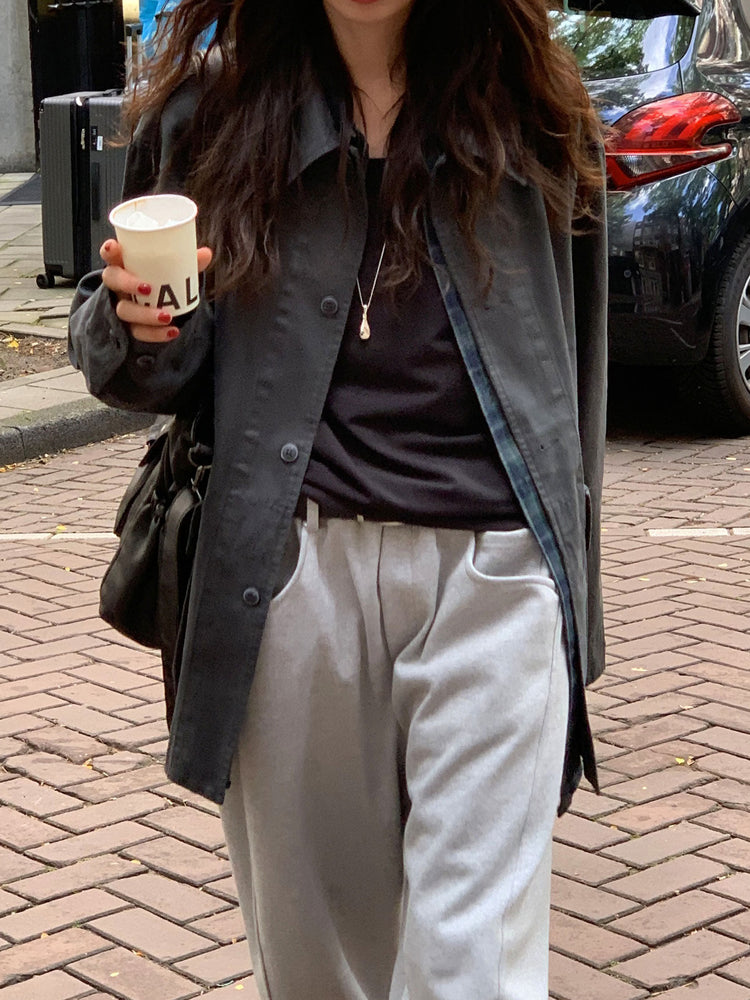 Unisex皮帶扣細節廓形棉褲