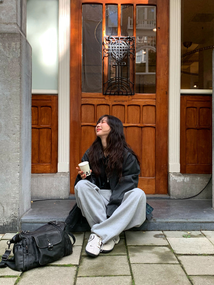 Unisex皮帶扣細節廓形棉褲