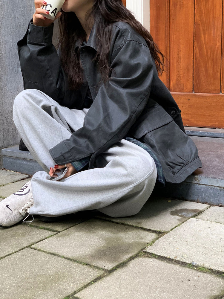 Unisex皮帶扣細節廓形棉褲