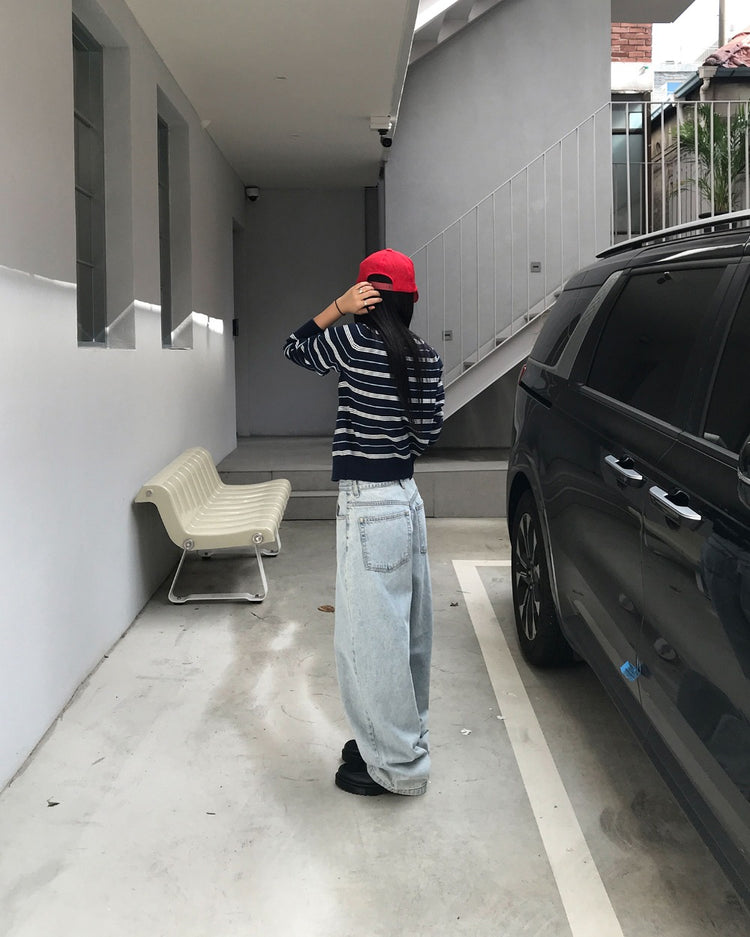 美色條紋排鈕針織外套