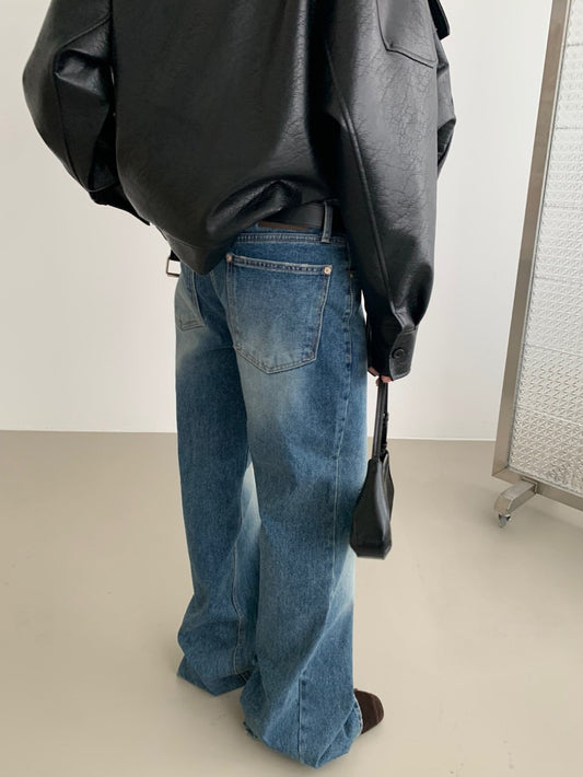 復古美刷色破爛細節牛仔褲