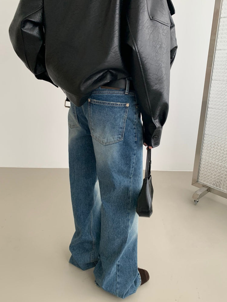 復古美刷色破爛細節牛仔褲