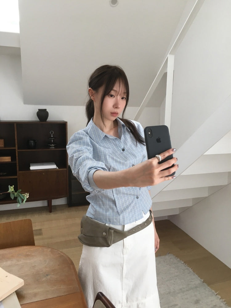 格紋修腰合身襯衫