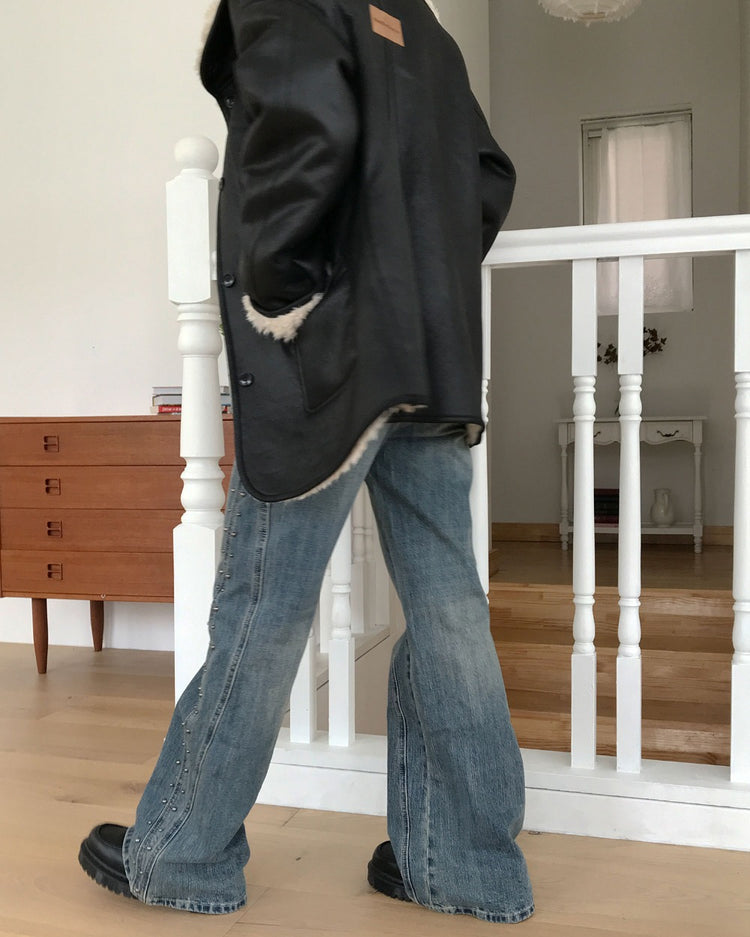 弧壓線側鉚釘細節牛仔褲