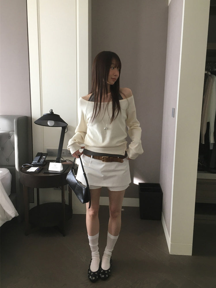 美肩撞色掛脖兩件式上衣