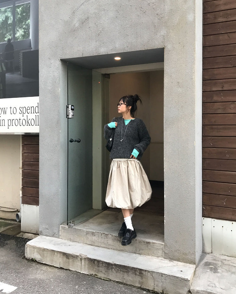 寬腰頭泡泡中裙