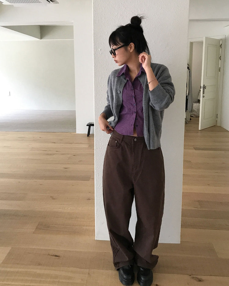 復古亮色格紋細節修腰襯衫