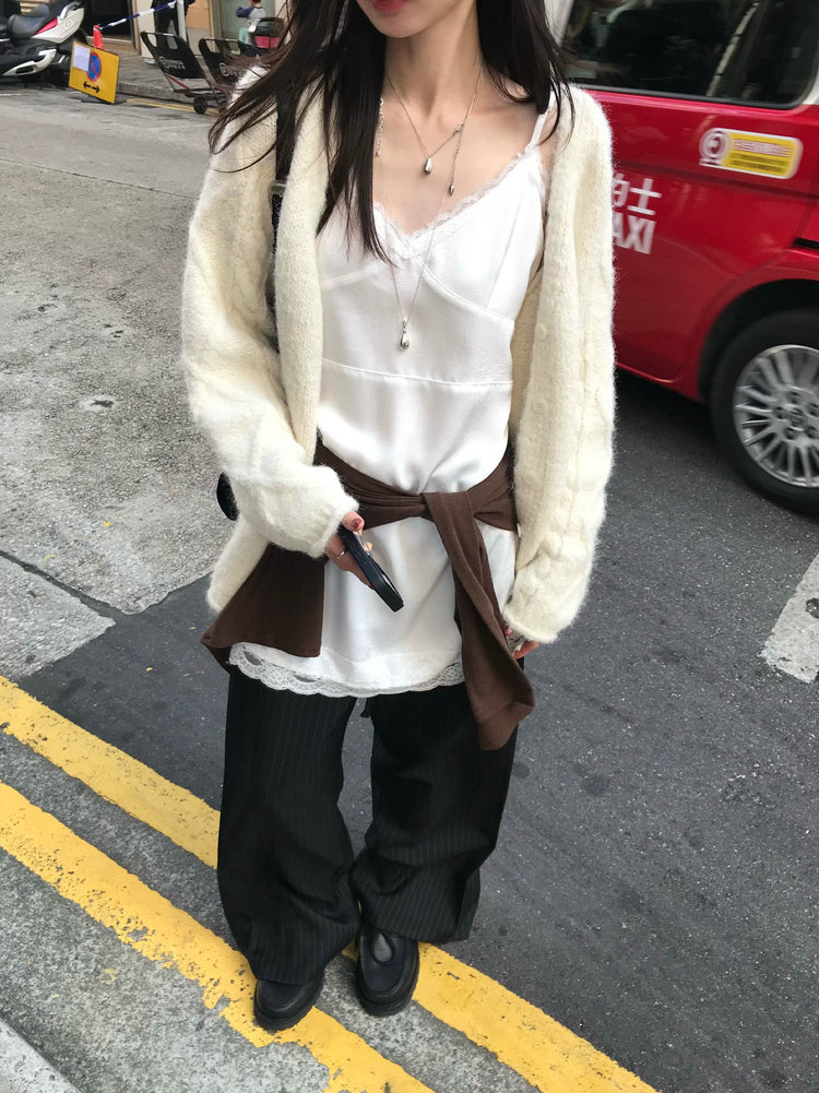 霧光澤胸線蕾絲邊細節連身裙