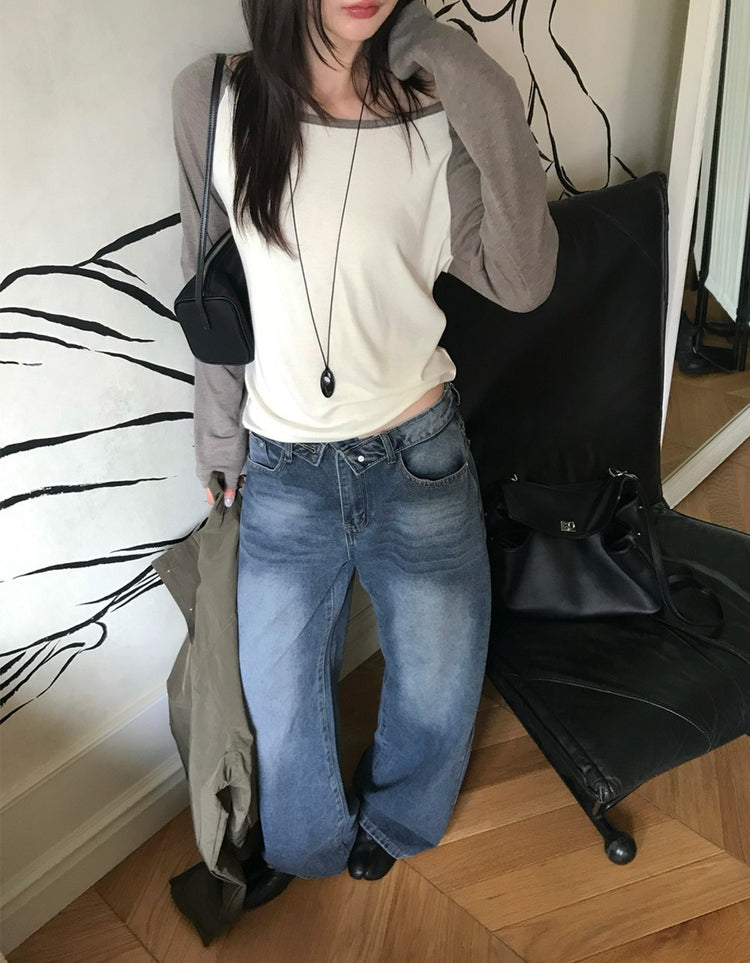 美肩撞色牛角袖細節上衣