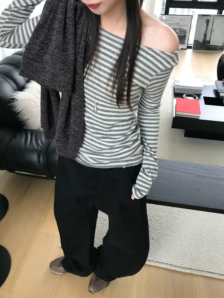 美鎖骨撞色條紋上衣