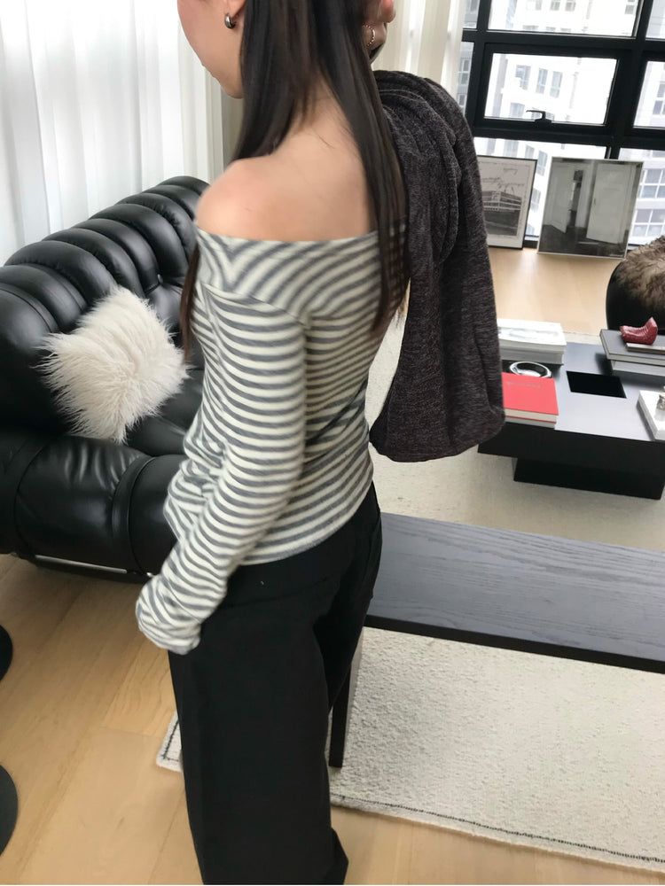 美鎖骨撞色條紋上衣