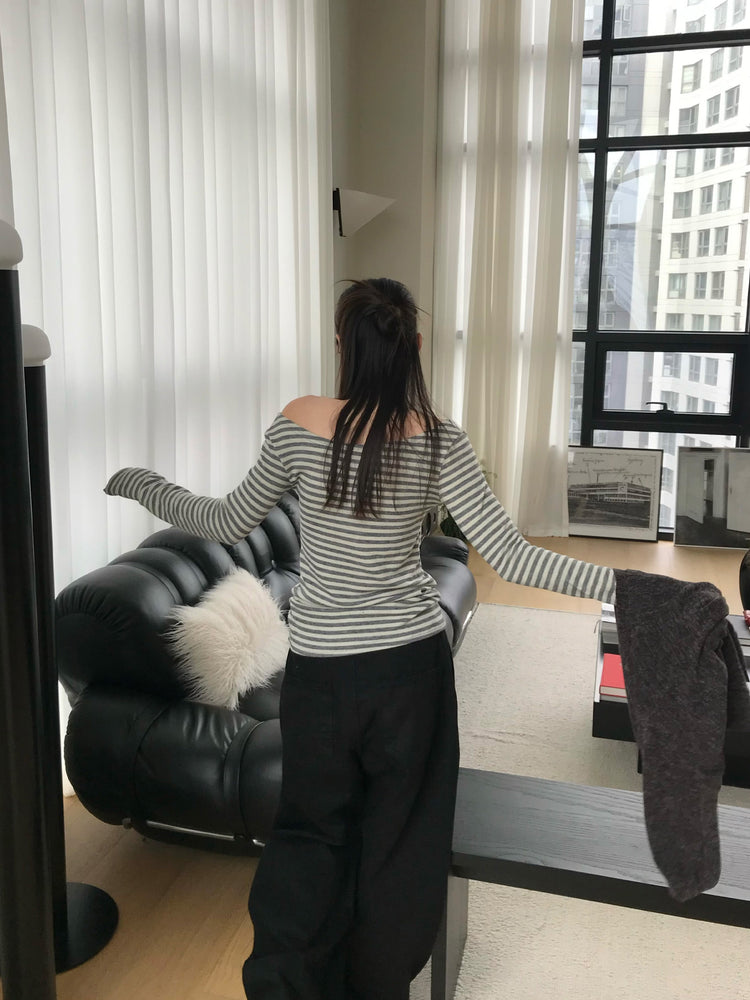 美鎖骨撞色條紋上衣