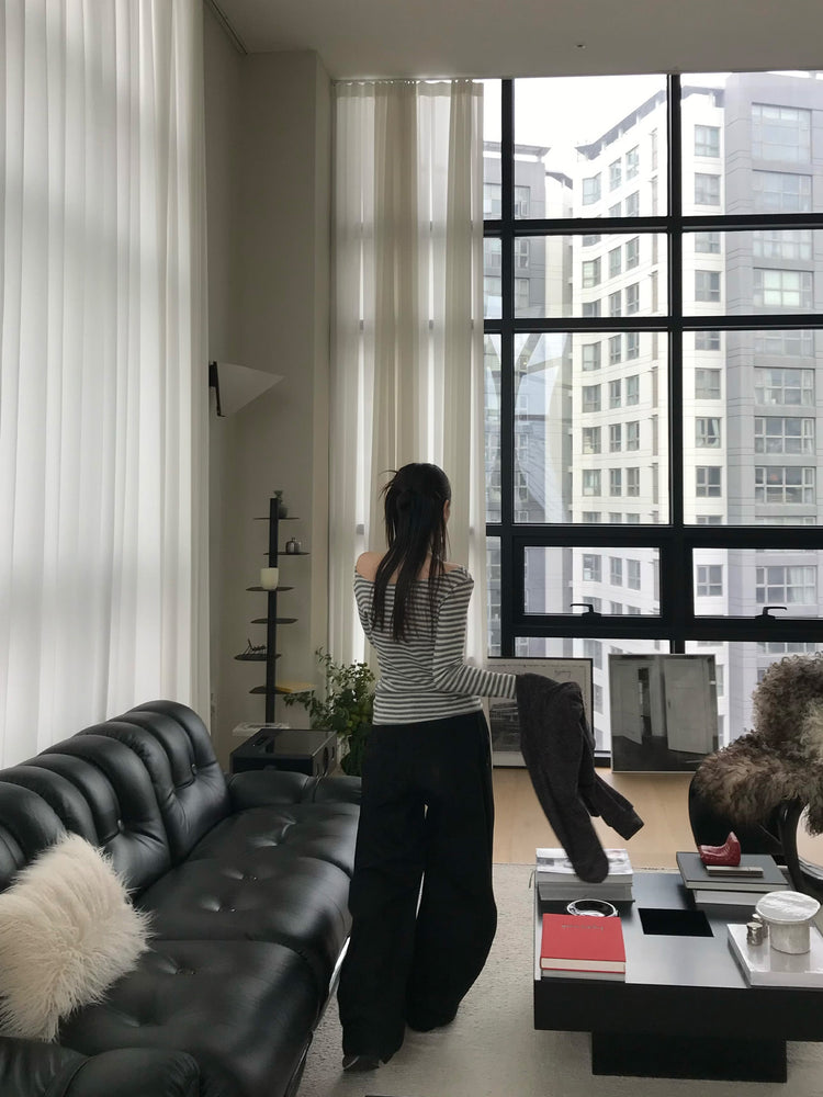 美鎖骨撞色條紋上衣