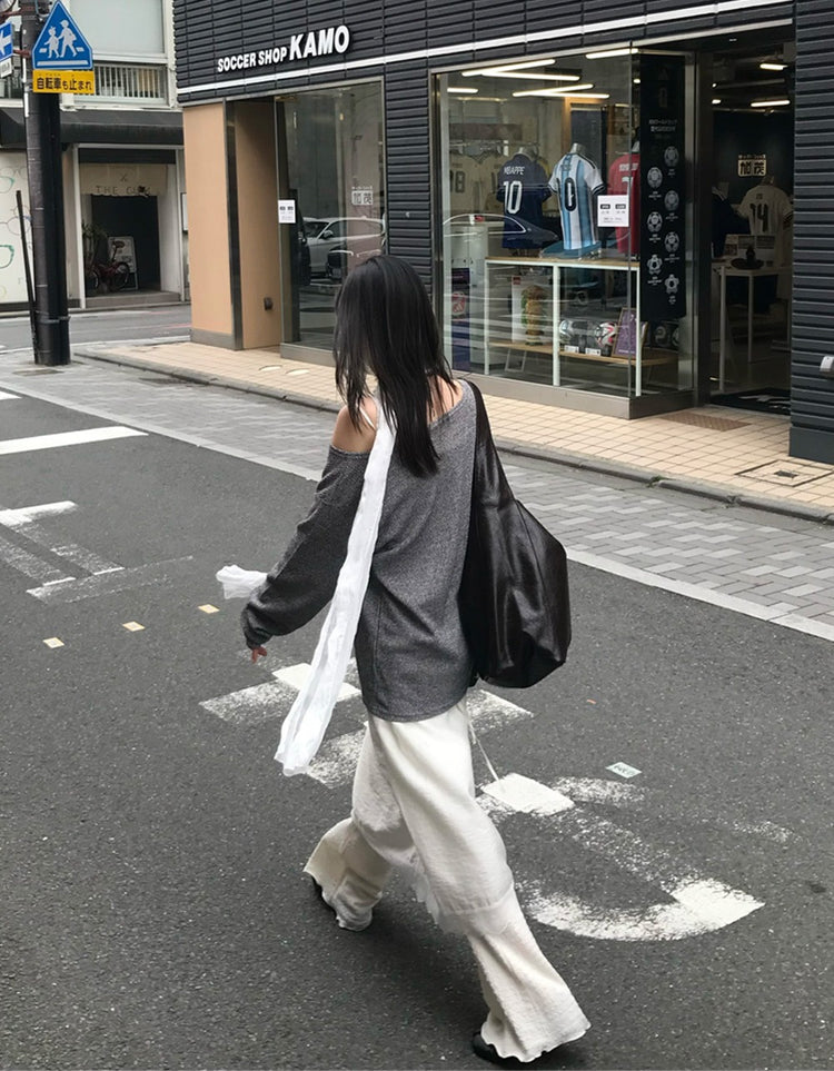 美肩透膚格紋混色針織上衣