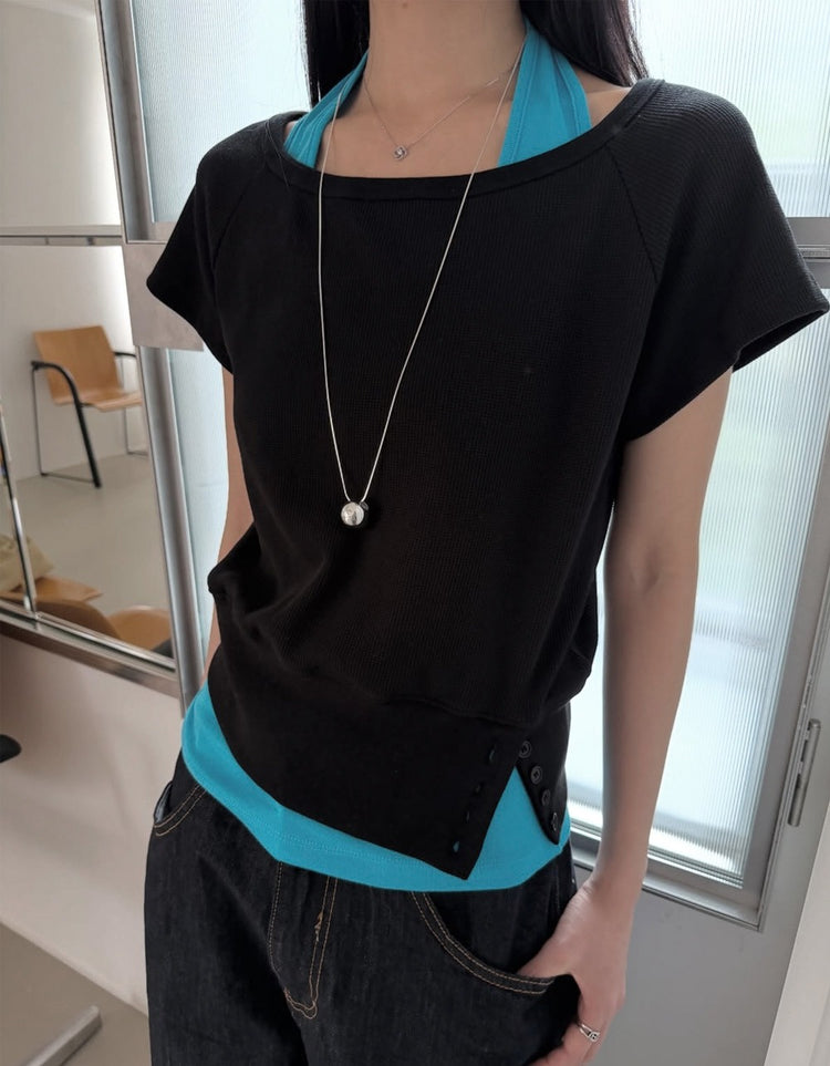 S/S 美肩撞色掛脖兩件式上衣