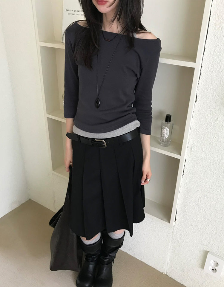 船領弧下擺七分袖上衣