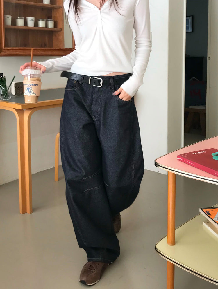原色壓線細節彎月牛仔褲