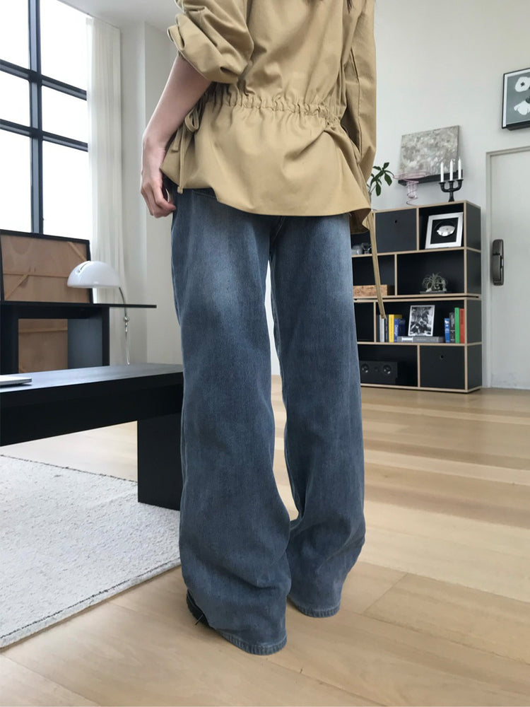 隱形橡筋腰頭直腿內刷毛牛仔褲