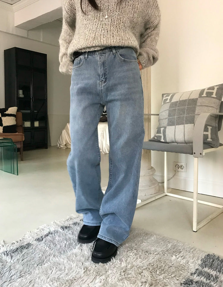 隱形橡筋腰頭直腿內刷毛牛仔褲