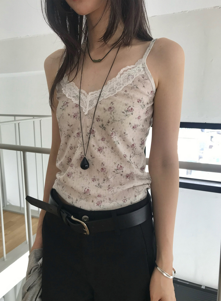 碎花蕾絲邊細節背心