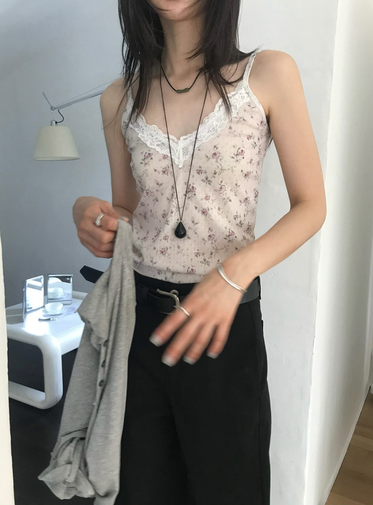 碎花蕾絲邊細節背心