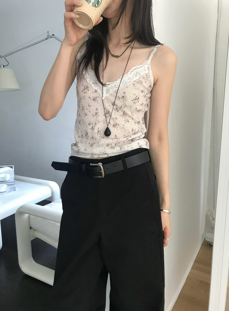 碎花蕾絲邊細節背心