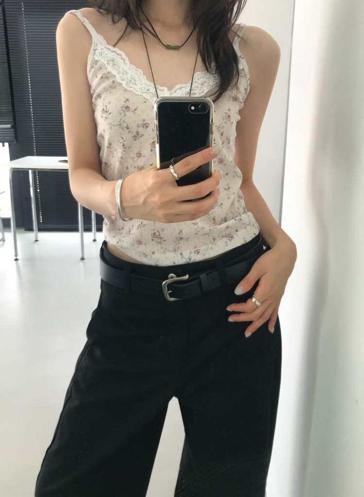碎花蕾絲邊細節背心