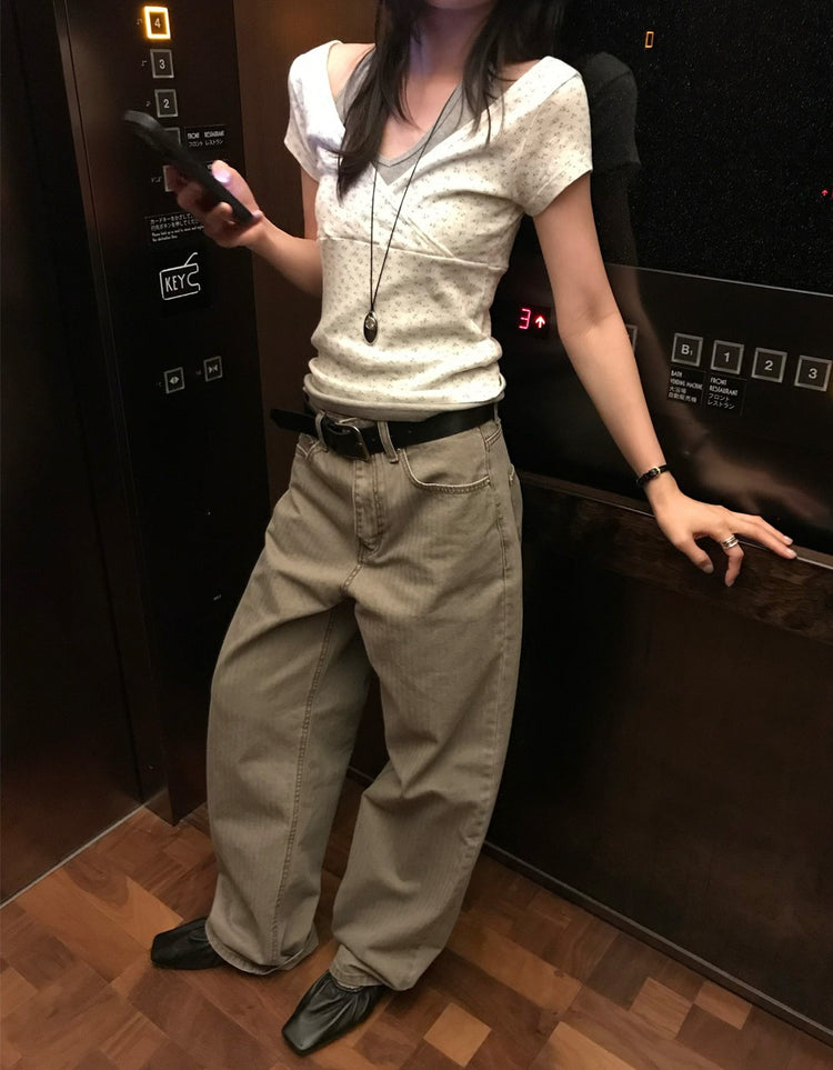 美色暗條紋細節直褲