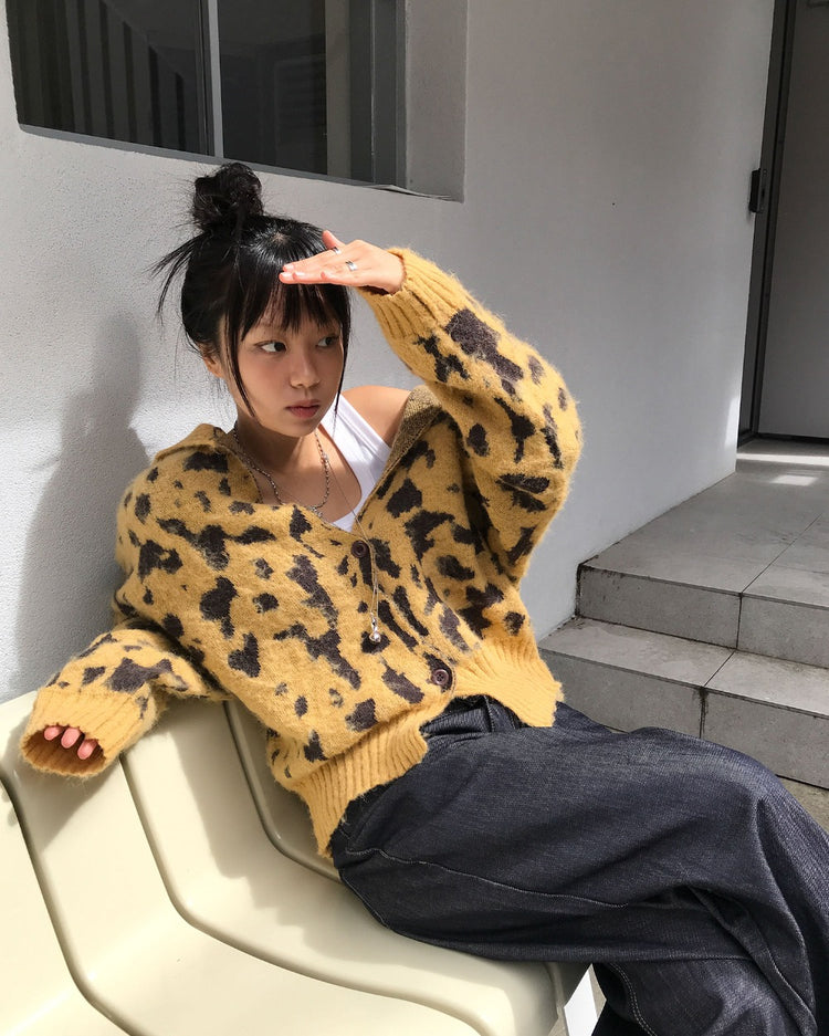 豹紋紋理細節針織外套