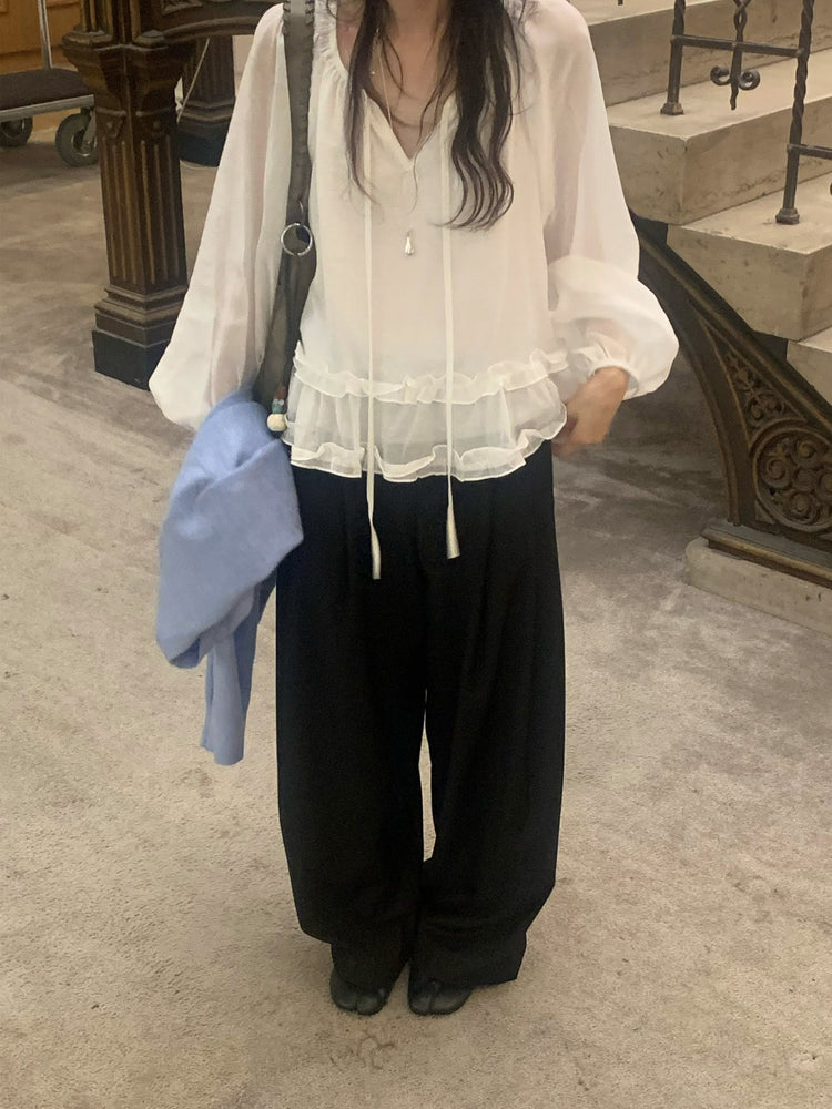 微透垂帶荷葉邊細節上衣