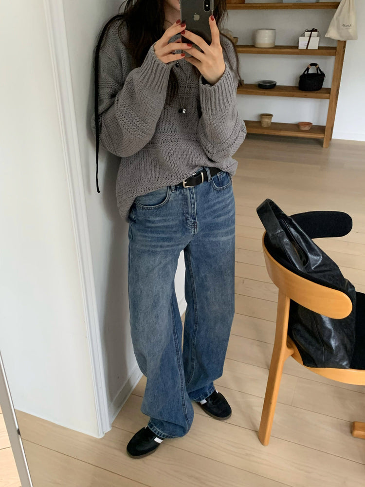 基礎復古美刷色直筒牛仔褲