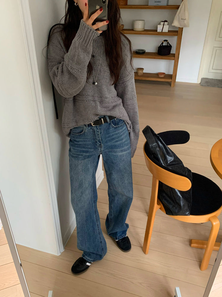 基礎復古美刷色直筒牛仔褲