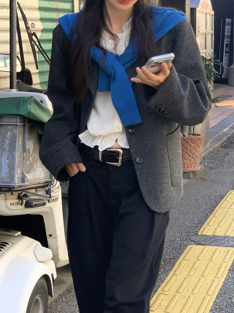 復古美色雙壓褶垂感闊褲(附皮帶)