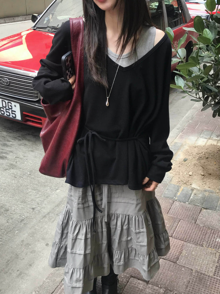 V領綁帶修腰細節上衣