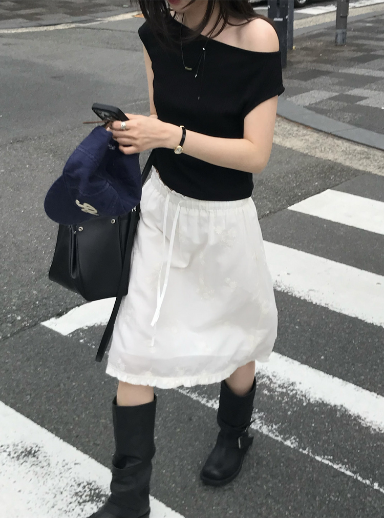 立體花荷葉邊細節抽繩半裙