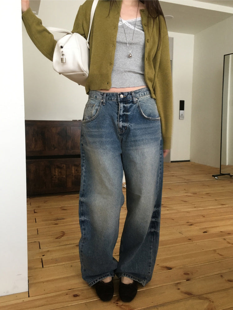 復古美刷色細節隨性牛仔褲