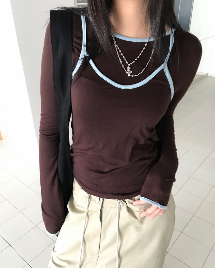 透膚撞色邊細節上衣