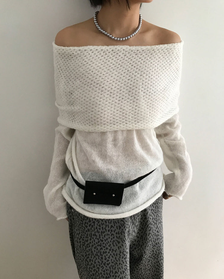 美肩微透紋理細節針織上衣