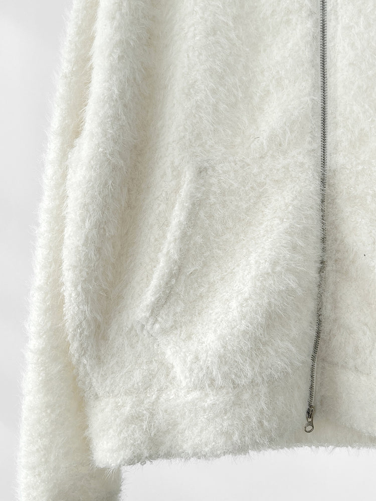 毛絨雙拉鏈鐵環細節連帽外套