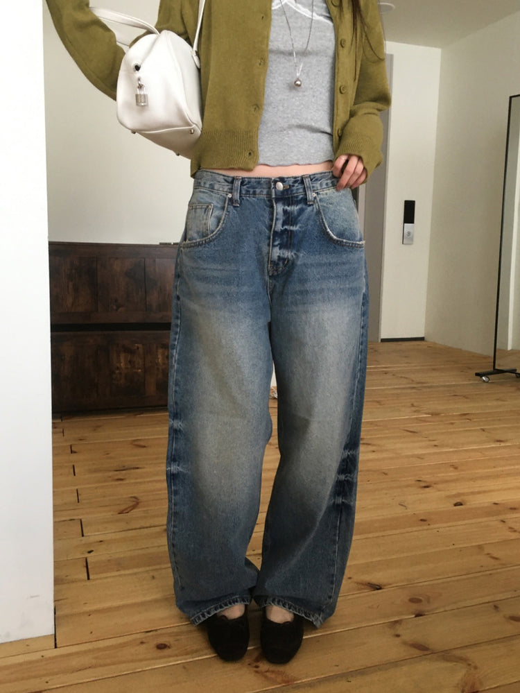 復古美刷色細節隨性牛仔褲