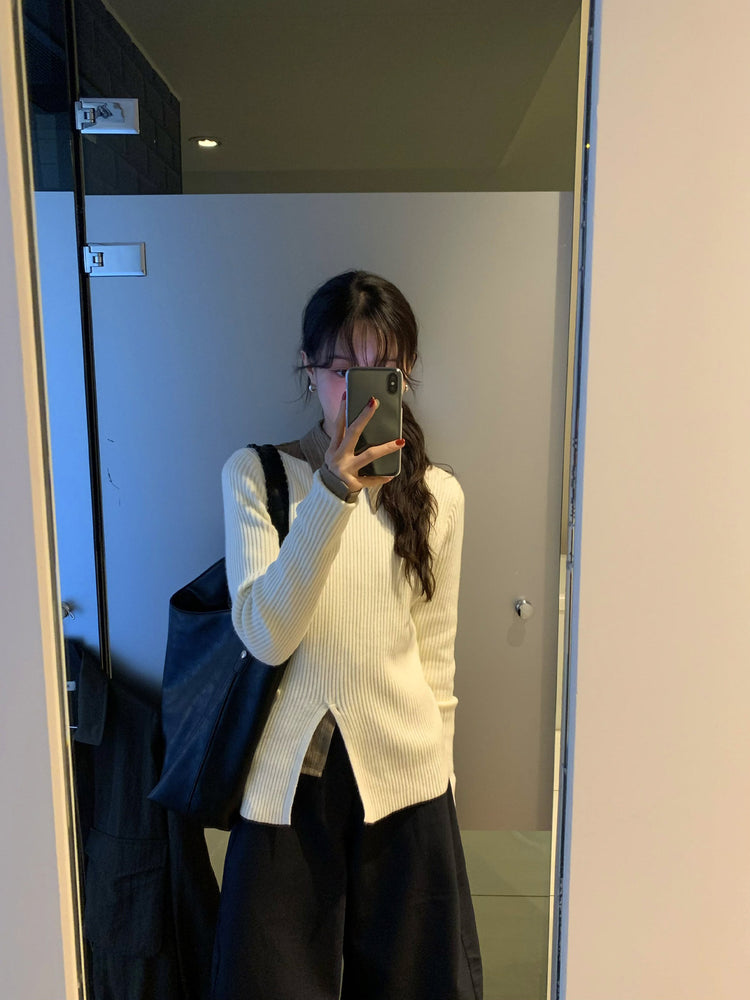 坑紋側開叉扣鈕細節針織上衣