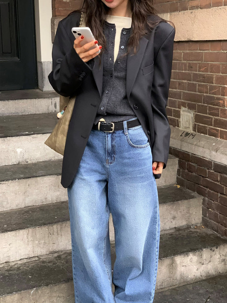 復古美刷色微鬆直筒牛仔褲