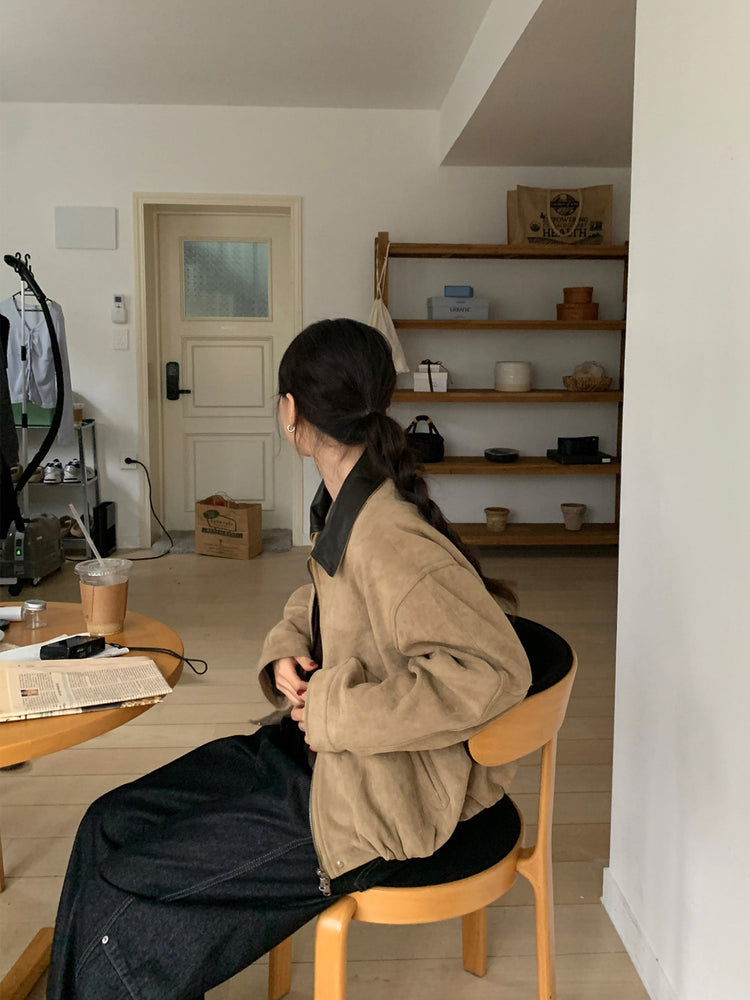 撞色皮領麂皮外套